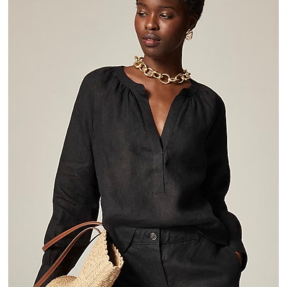 J. Crew Cabana Linen V Neck Blouse Black Long Sleeve Sz M Casual Wardrobe - Picture 2 of 13